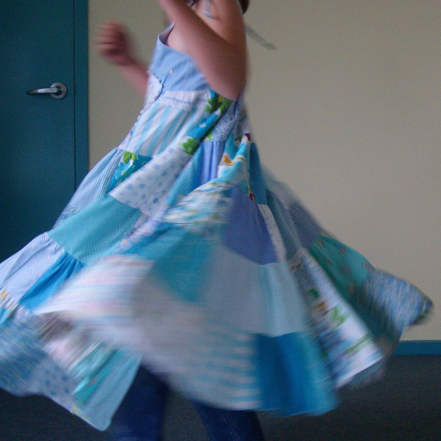 Girl's patchwork dress, patchwork twirly sunfrock, upcycled dress, aqua blue and white, size 8 - 10 made from recycled and repurposed fabric