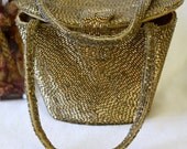 Vintage Gold Beaded Boxy Purse with Peach Satin Lining