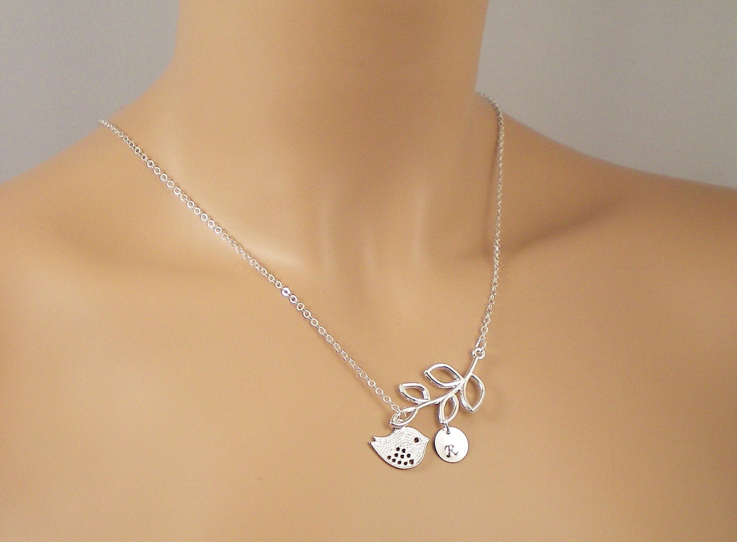 Little Sparrow in Silver & Leaf Lariat - Personalized Initial, Bridesmaid Gift, Bird Necklace, Leaf Necklace, Personalized  Necklace