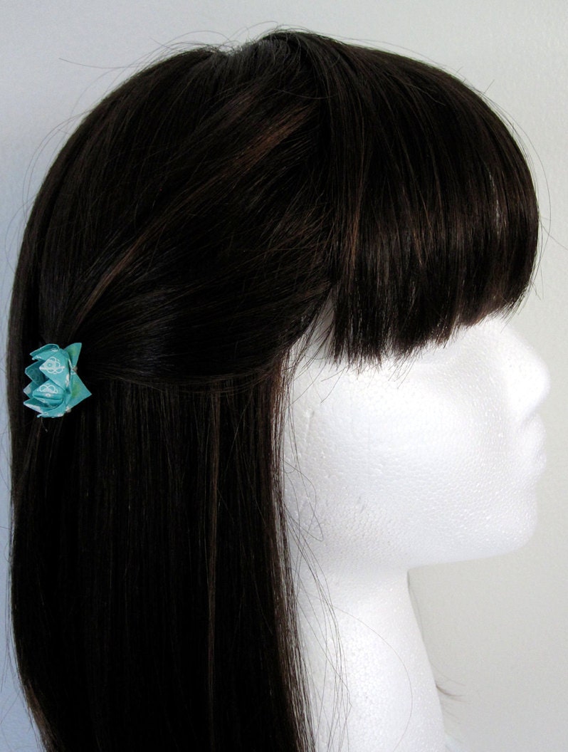 Set of 2 Paper Origami Lotus Flower Hairpins - Aqua / Teal with White Pearl Bead