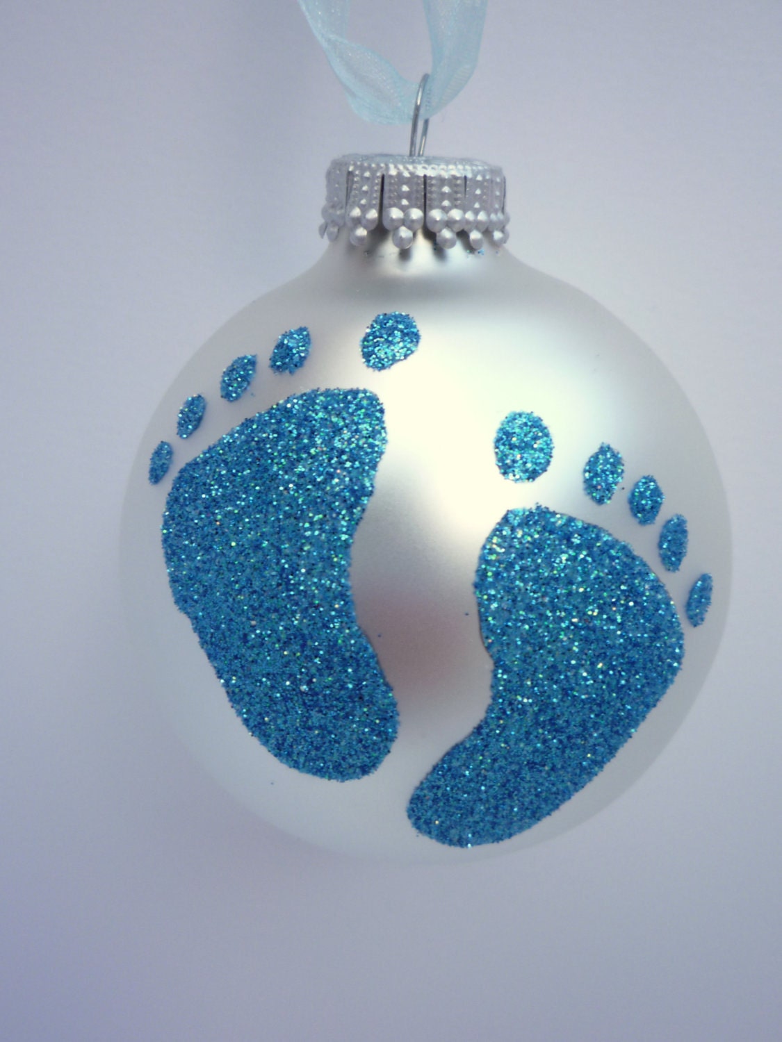 Blue Baby Feet Glitter Ornament - Baby Boy Footprint - Personalized Unique Glass Ornament
