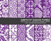 INSTANT DOWNLOAD Purple Damask Digital Paper Amethyst Damask Digital Backgrounds 8.5x11 12x12 A4 Commercial Use
