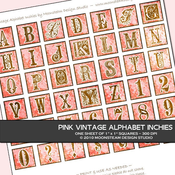 INSTANT DOWNLOAD Pink and Brown Alphabet Inchies Digital Collage Sheet, Vintage-Look, Commercial Use