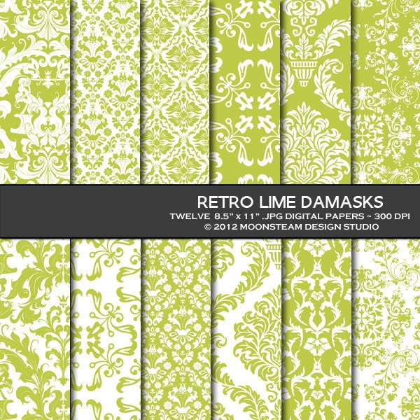 INSTANT DOWNLOAD Retro Lime Damask Digital Paper, Retro Lime Damask Digital Backgrounds, 8.5x11 or 12x12 or A4 Commercial Use