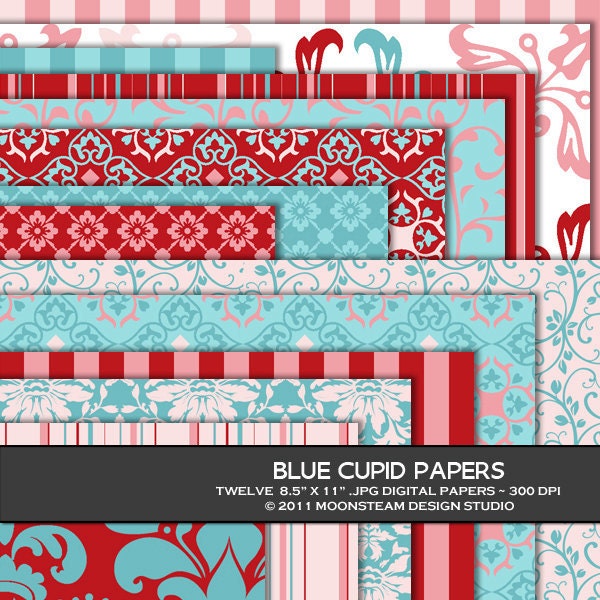 INSTANT DOWNLOAD Red Blue Pink Digital Papers Blue Cupid Digital Backgrounds 8.5x11 or 12x12 or A4 Commercial Use