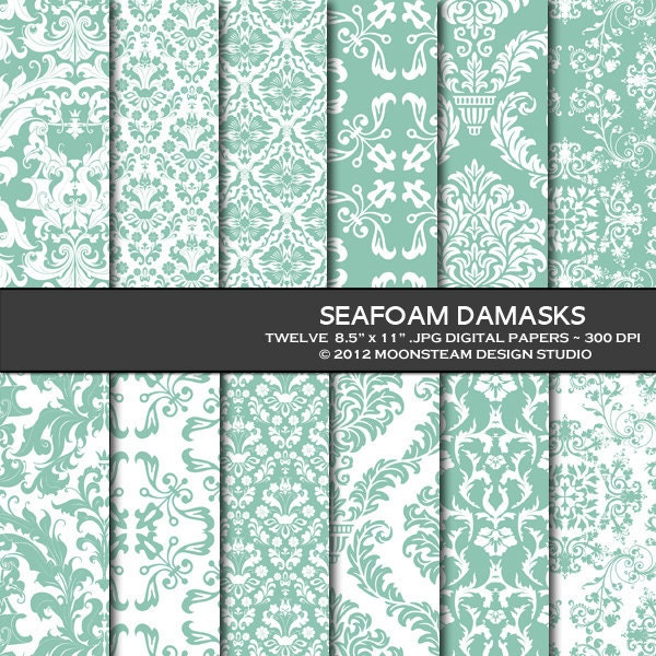INSTANT DOWNLOAD Seafoam Damask Digital Paper Scrapbooking Backgrounds Commercial Use 8.5x11 12x12 A4 Commercial Use