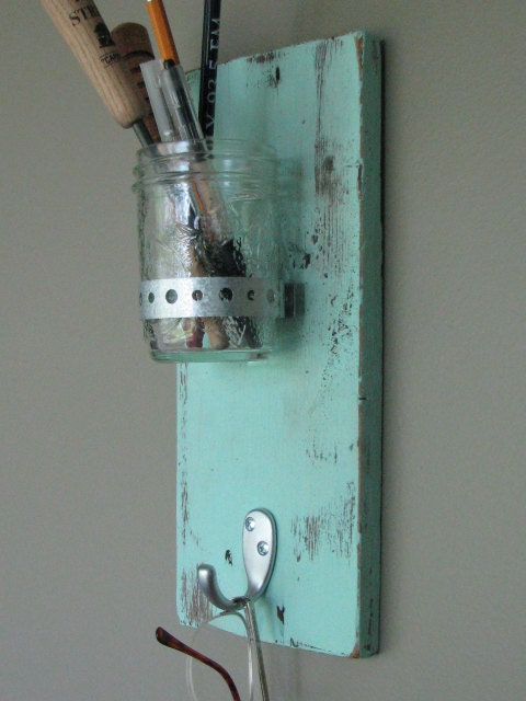 Handmade wall toothbrush holder or vase with key hook light turquoise