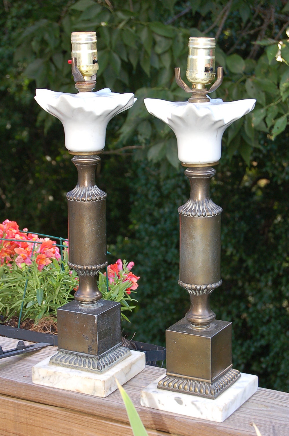 Antique Brass and Ceramic Table Lamps with Marble Base