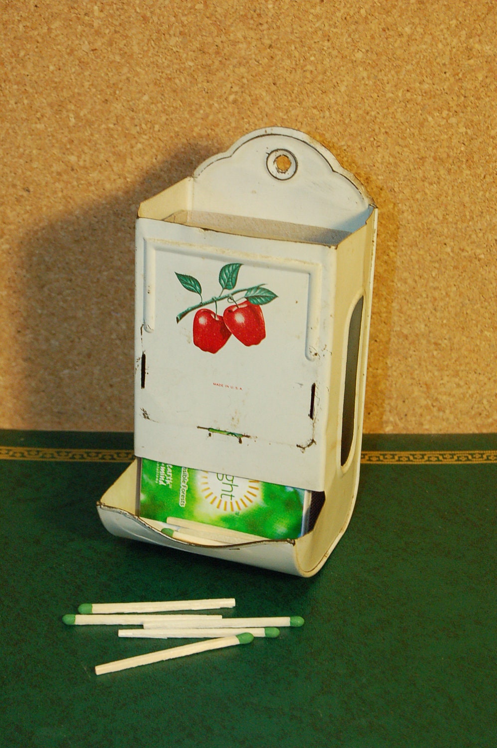 Antique Metal Match holder with Red Apples