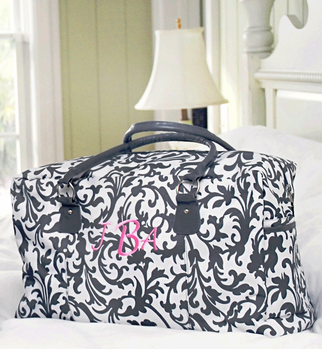 Personalized With Embroidery Grey and White Damask Print Weekender Bag