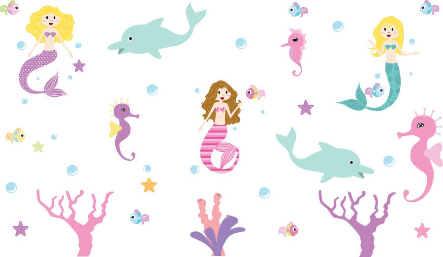 Kids under water world with mermaid fish starfish seahorse dolphins and bubbles vinyl wall decal