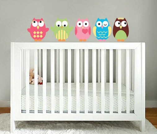 Kids set of 5 owls vinyl wall decal cute for a nursery or childs room or along a crib