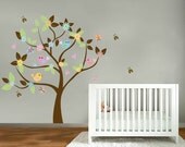 Kids tree vinyl wall decal with birds daisy flowers  butterfly lady bugs