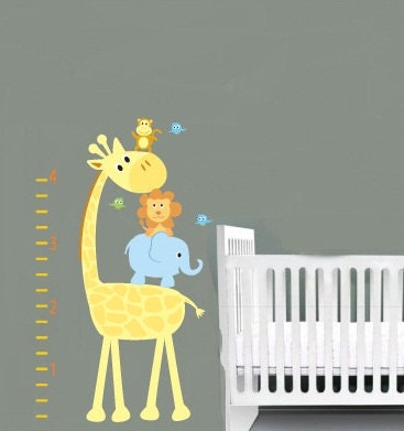 childrens removable vinyl wall decal  Elephant Giraffe Monkey Lion Birds growth chart great for any nursery kids room or playroom