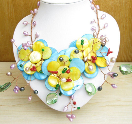 necklace stone shell jasper freshwater pearl coral flowers beaded  wire wrapped beadwork length 17" to 19" jewelry