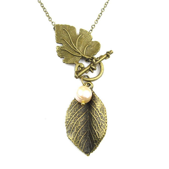 antiqued vintage leaf leaves white freshwater pearl metalwork charm necklace pendant with 16 inches chain handmade jewelry
