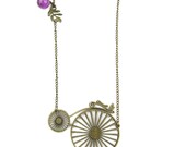 antiqued vintage bike bicycle wheel leaf purple metalwork bead stone necklace pendant with 20 inches chain handmade jewelry