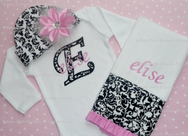 Baby Girl Onesie or Newborn Gown with Flower Beanie Hat and Burp Cloth - Damask Initial Applique - Newborn thru 12 months