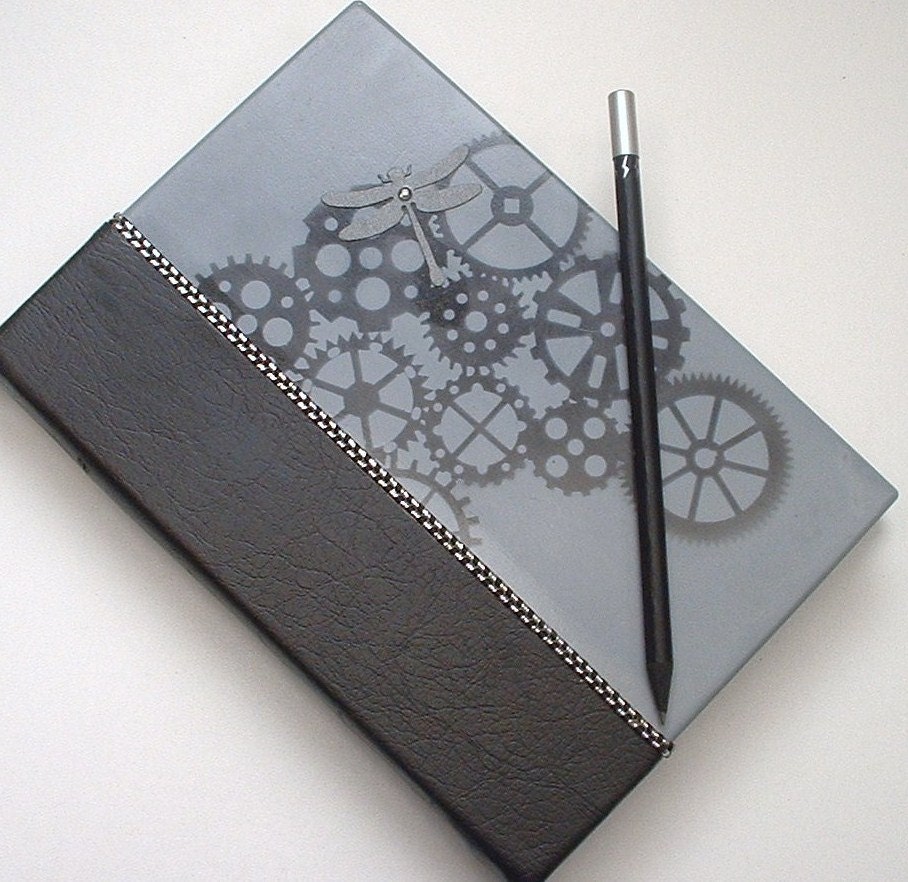 Steampunk Quarter Bound Journal. "Dragonfly Gears". Faux Black Diamond Embellishment. Handpainted Limited Edition. FREE POSTAGE. - ShoestringCottage