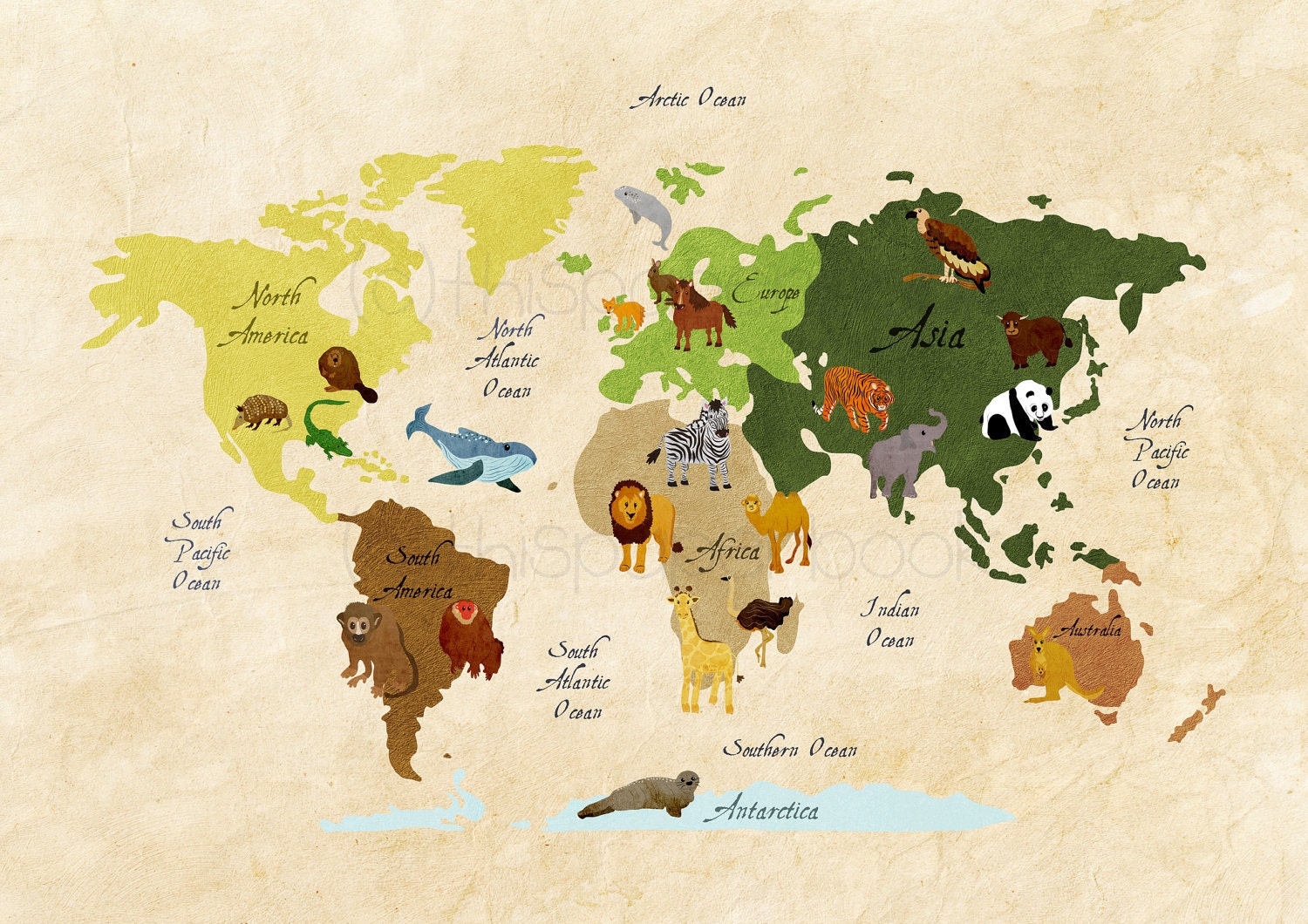 World Map: Old Style Map of the World Animal Illustration Poster Print