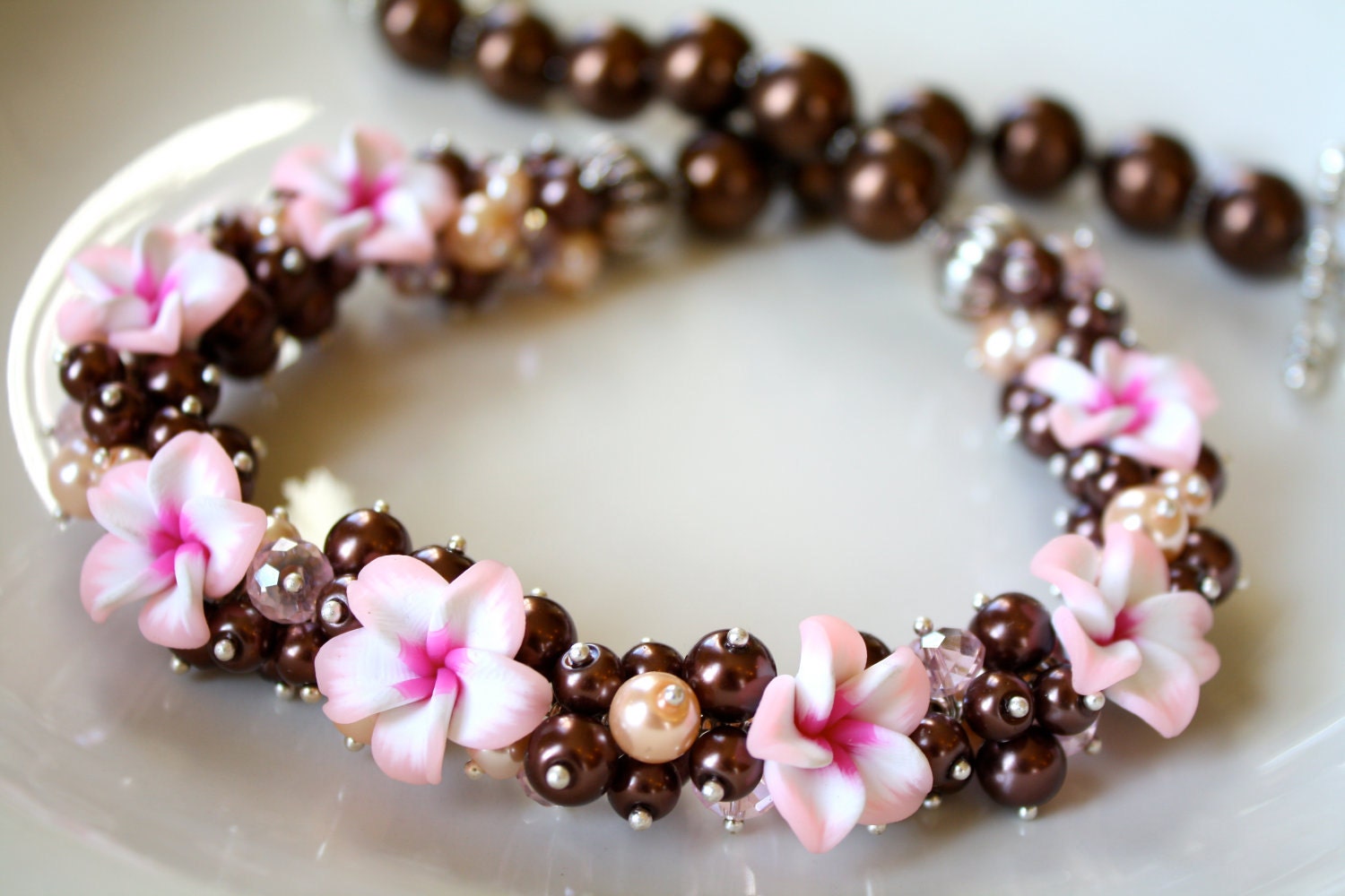 Plumeria Flower Necklace with Brown and Pink Pearls - Earrings included