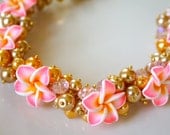 Gold Pearl Lei Necklace with Pink Plumerias