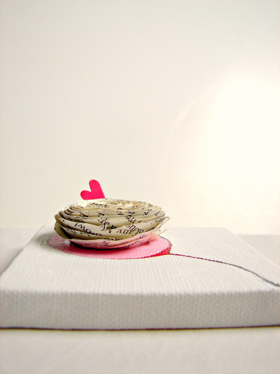 Book Paper Rosette, Original Painting on Canvas / Mixed Media Acrylic & Paper Miniature Art 3"x3"