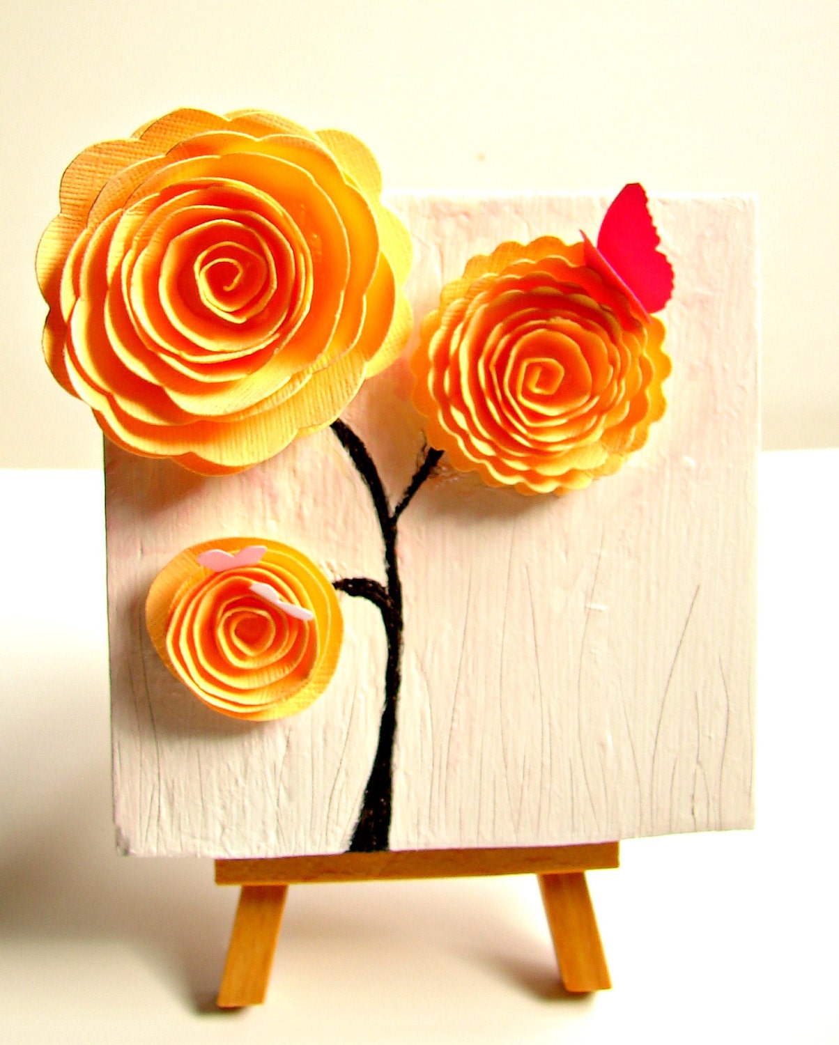 Spring Flowers Creamsicle Paper Rosette- Mixed Media 3-Dimensional Art--Orange, Pink, White
