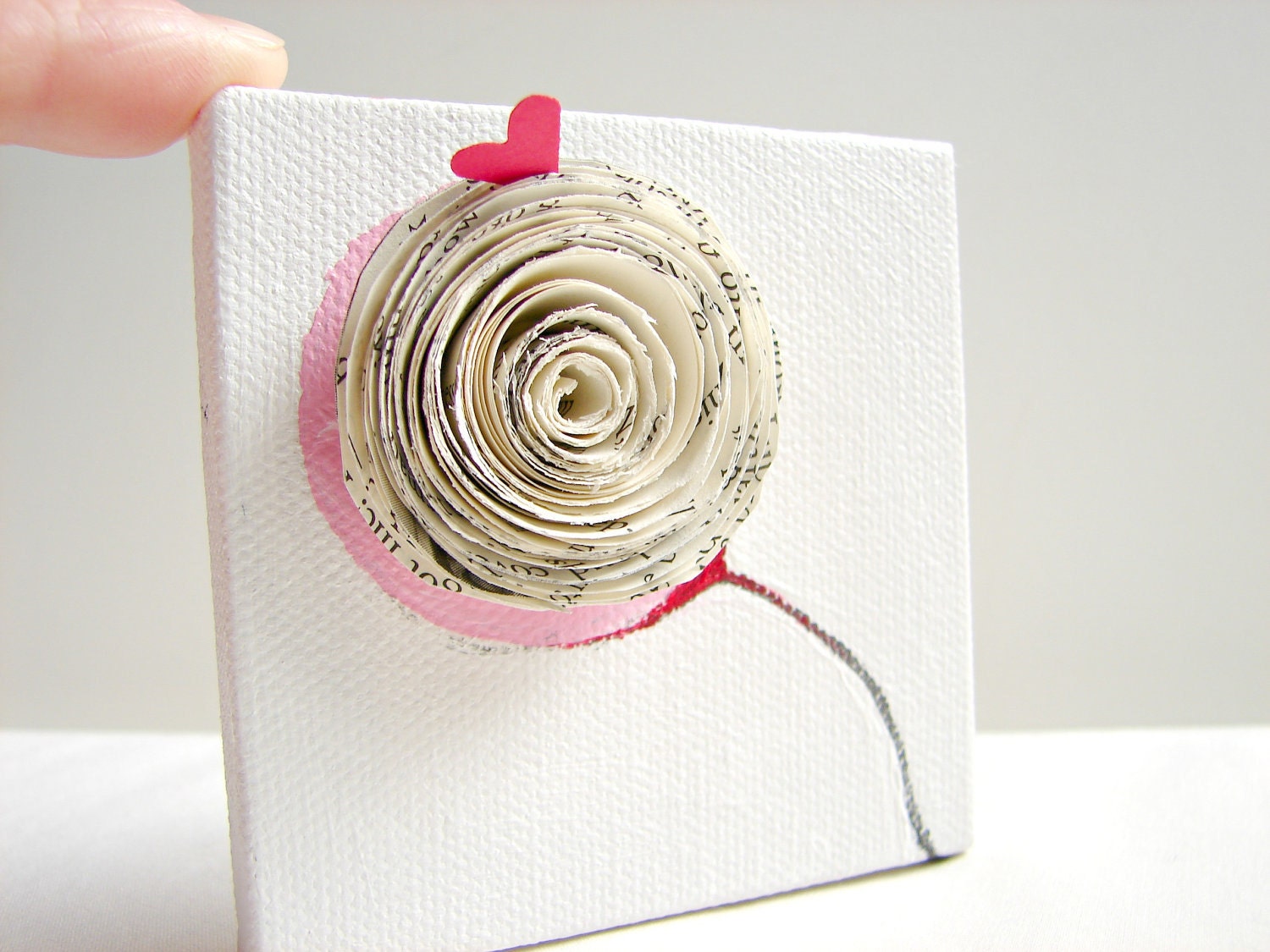 Book Paper Rosette, Original Painting on Canvas / Mixed Media Acrylic & Paper Miniature Art 3"x3"