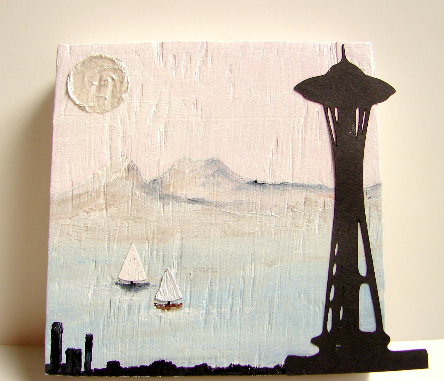 Seattle Space Needle Mixed Media Art on Upcycled Wood Block-Birthday Gift for Him