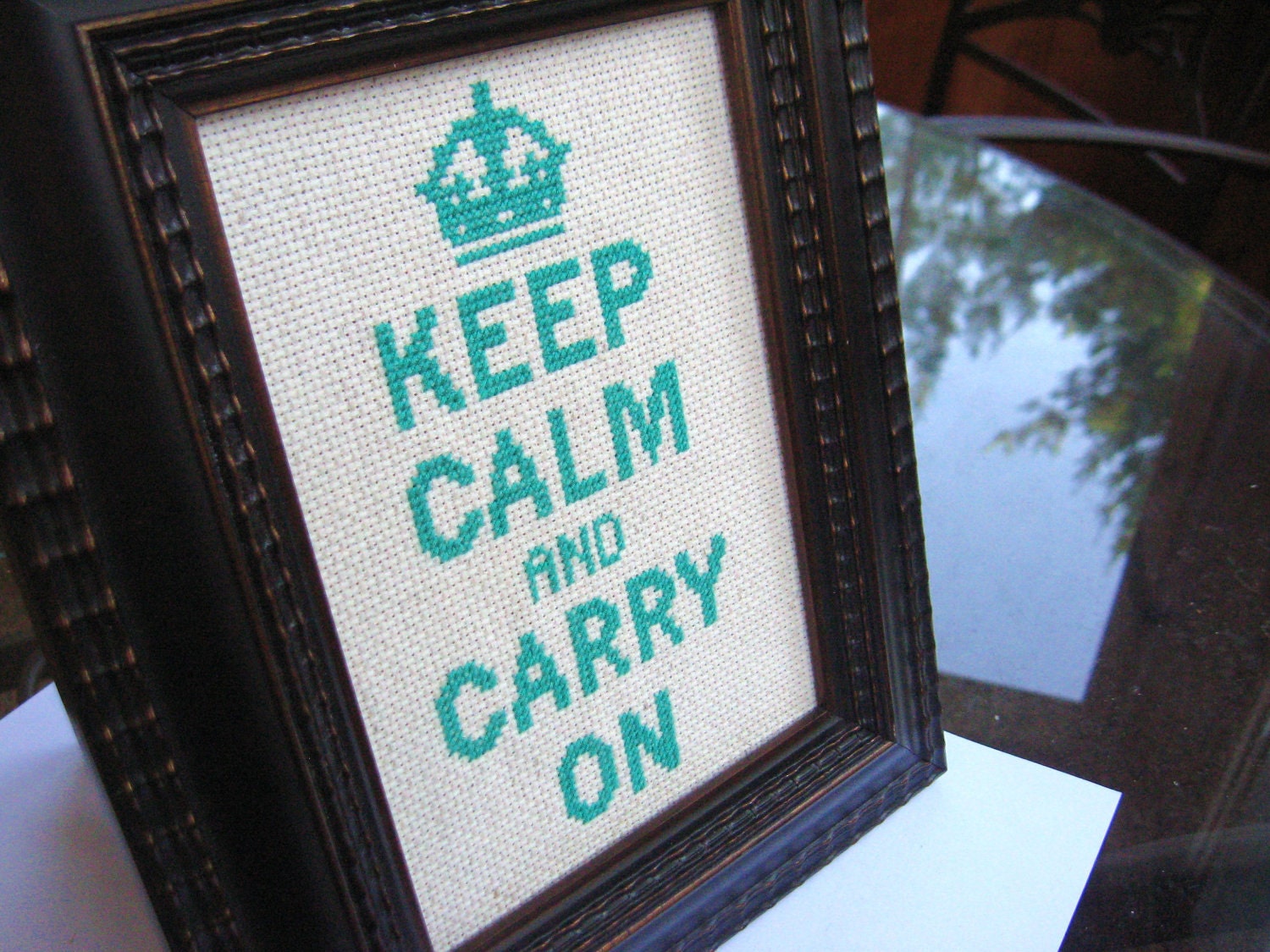 Keep Calm and Carry On Completed Cross Stitch, Teal on Oatmeal, Unframed