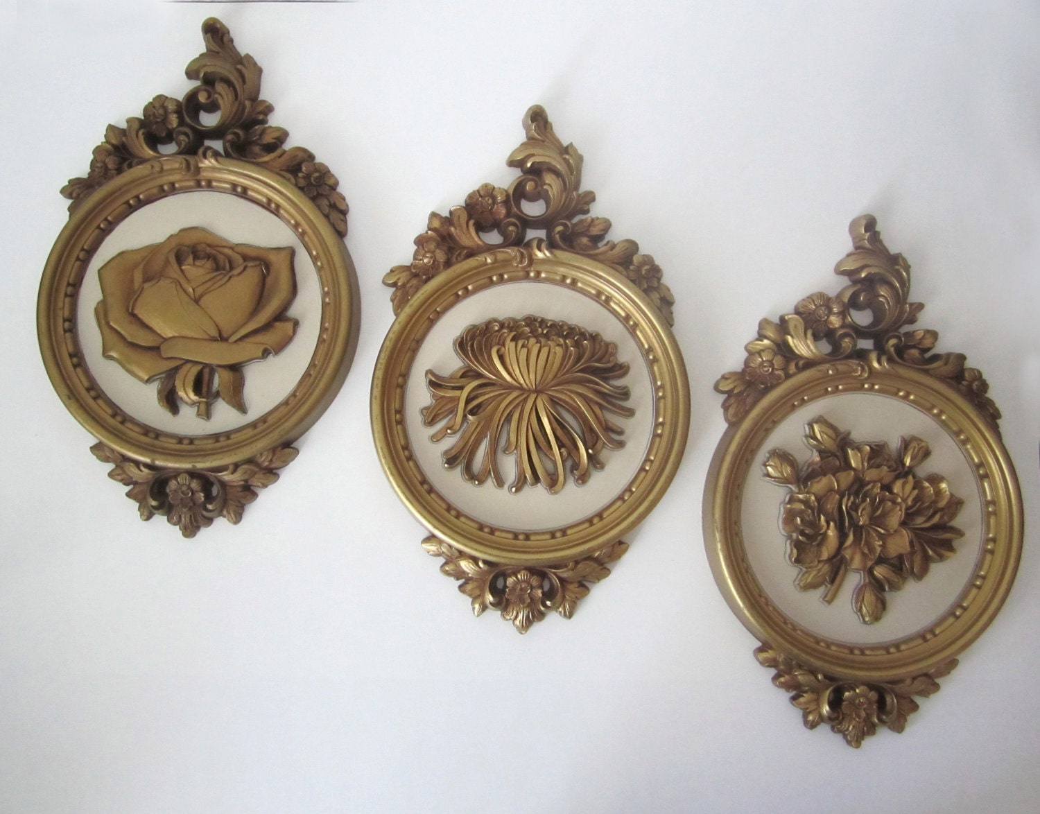 Vintage Trio Of Golden Wall Plaques Flower Theme