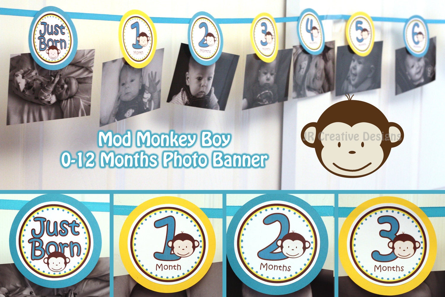 0 months to 12 months photo banner picture holder - mod monkey theme Boy - 1st year birthday party ( DIY Printable) Il_170x135