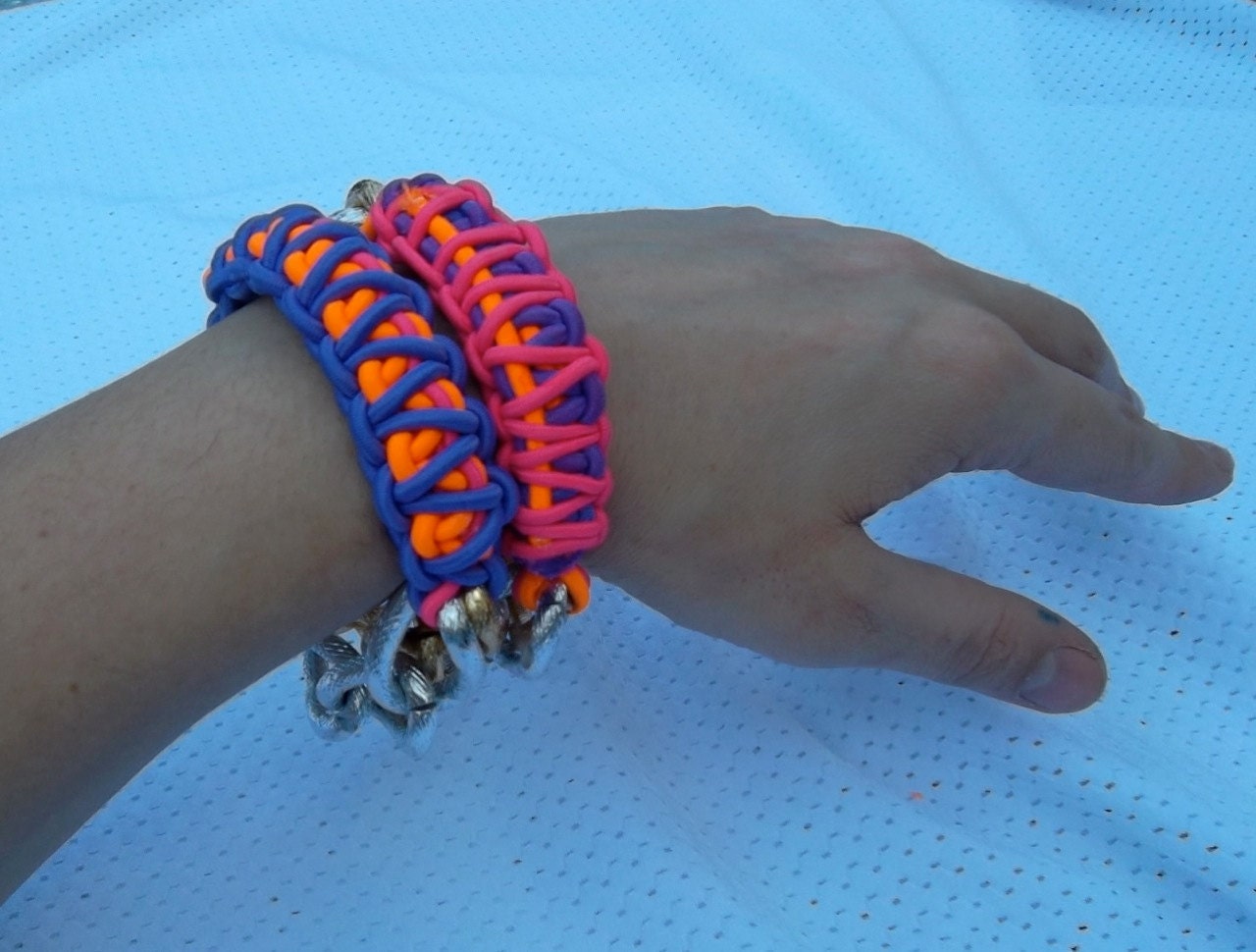 Friendship Double Bling Bracelet with Stretch Purple, Neon Orange, Hot pink triple weave, and 2 chains- Chunky Gold and Silver