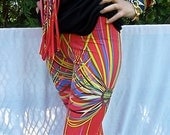 Printed Spandex Leggings,Tribal Feather Motif in Bright Neon Colors on Electric Red background