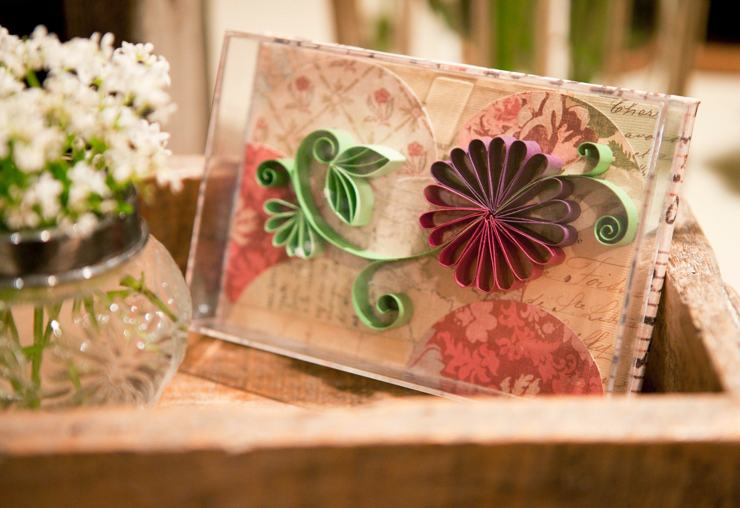 Paper Art Shadowbox, Quilled Purple Flower and Vines 4x6