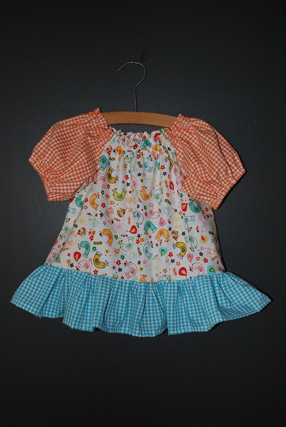 Baby Girl Summer Dress/Top in Aqua, Orange, Cream Birds print - Size 9-12m