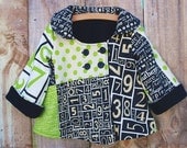 SALE - Girl's Swing Coat Jacket in Black, Cream and Lime in Text and Numbers Patchwork Print with Fleece lining - Size 3T