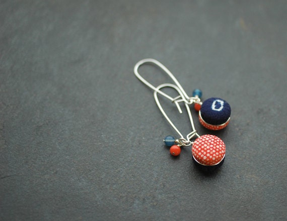 Kimono Droplet Earrings - Red and Navy Shibori Pattern
