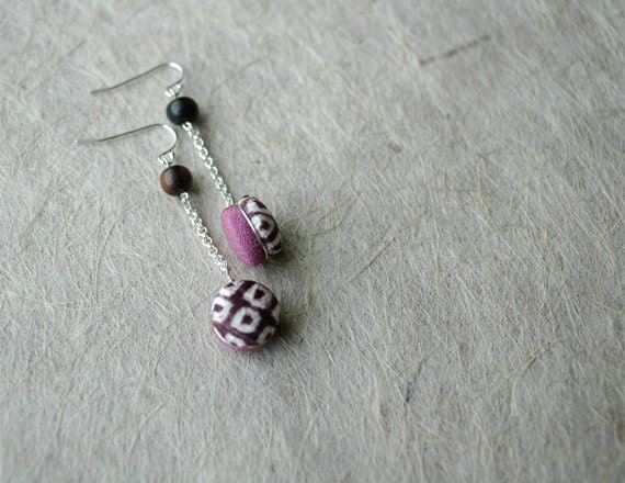 Kimono Swing Earrings - Mauve Shibori Pattern and Violet