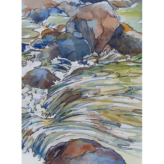 Song of the Water - Original Painting multicolor swirling waterfall cascade over granite river boulders