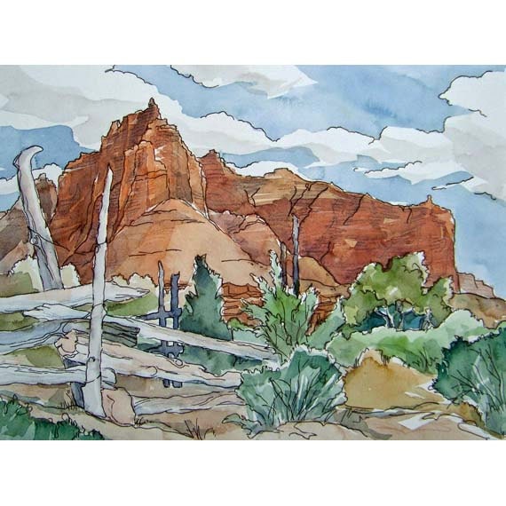 Redrock Mesa and Cowboy Corral - Small Print of American Western Desert Southwest Watercolor