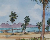 La Playa The Beach - Large Print of Watercolor Palms, Islands, Sea, Sand, Surf.