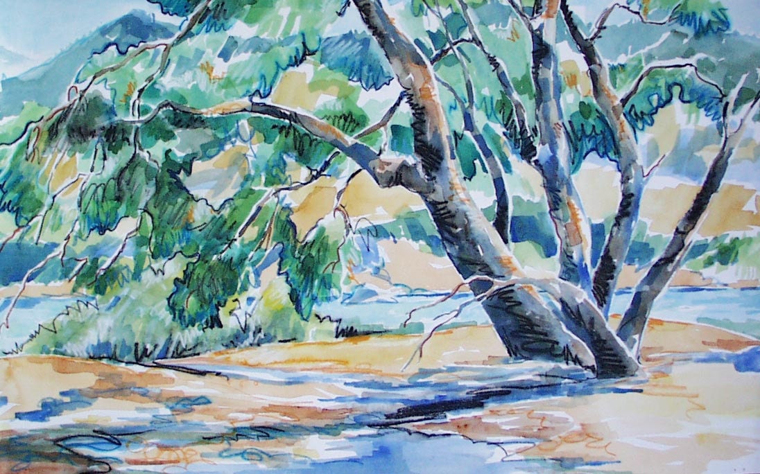 Old Man Willow - Original watercolor of shady riverside willow tree.