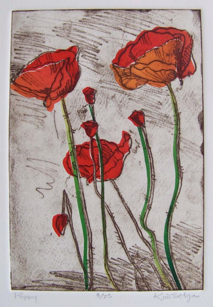Red Poppies softground etching with chine colle in red orange green