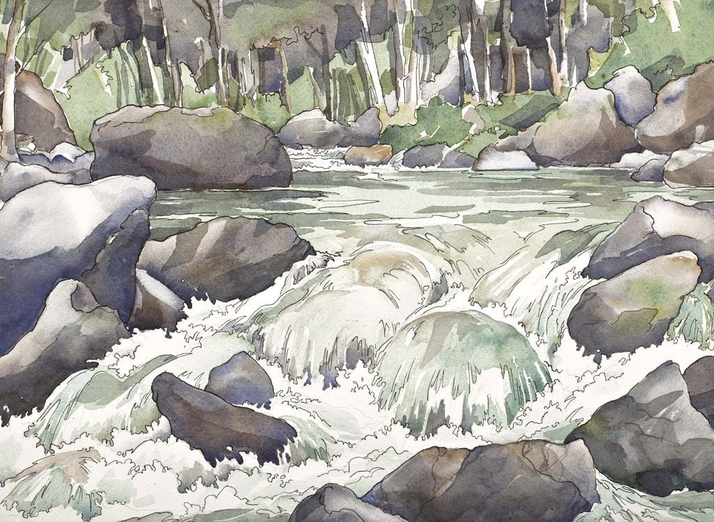 Shady Creek - watercolor print of splashing Mountain Waterfall in greys, mossy green, rust, gold