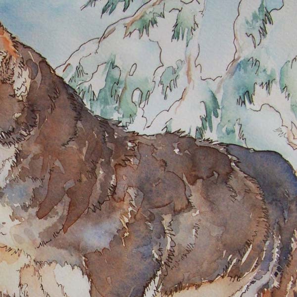 Coyote in Winter - original watercolor in tan, grey, green and white