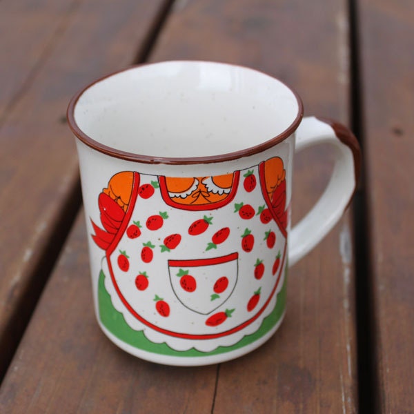 Mug, Bowl, Plate Set Stacking as Freckled Face Girl With Strawberry Apron
