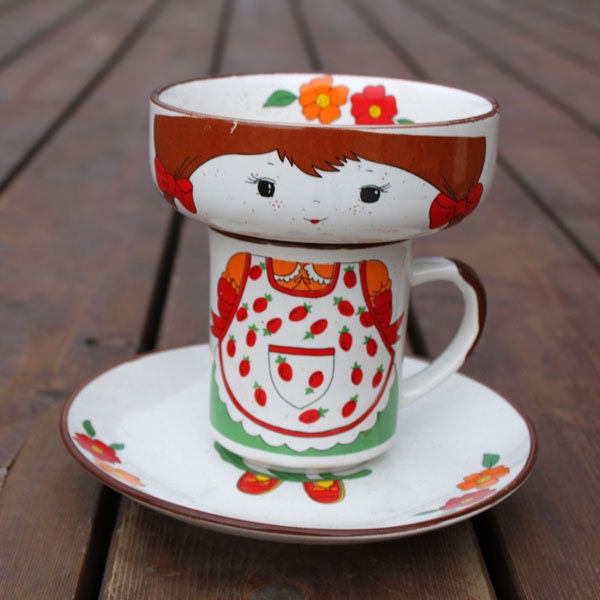 Mug, Bowl, Plate Set Stacking as Freckled Face Girl With Strawberry Apron