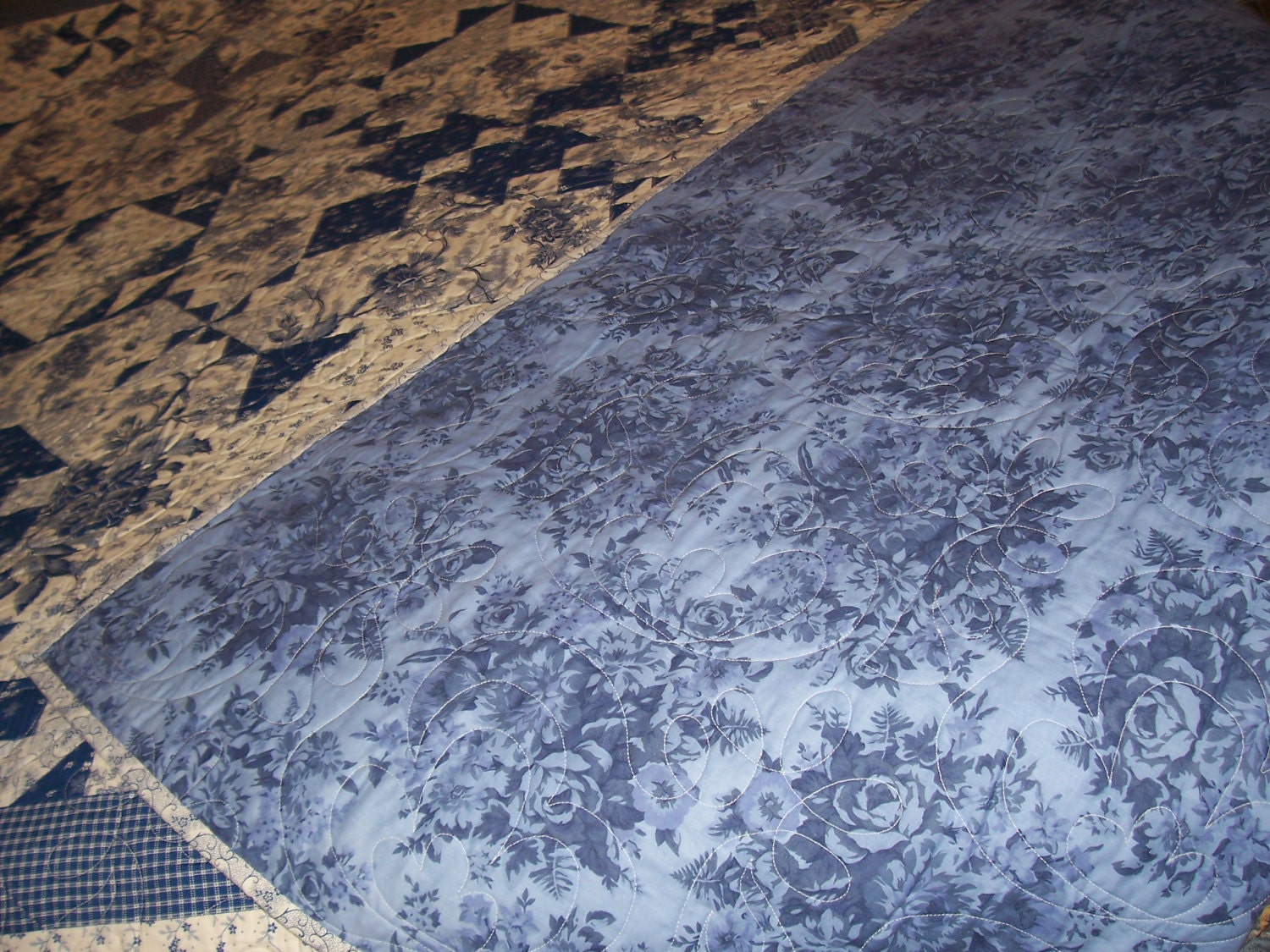 Blue and White Floral Print Quilt
